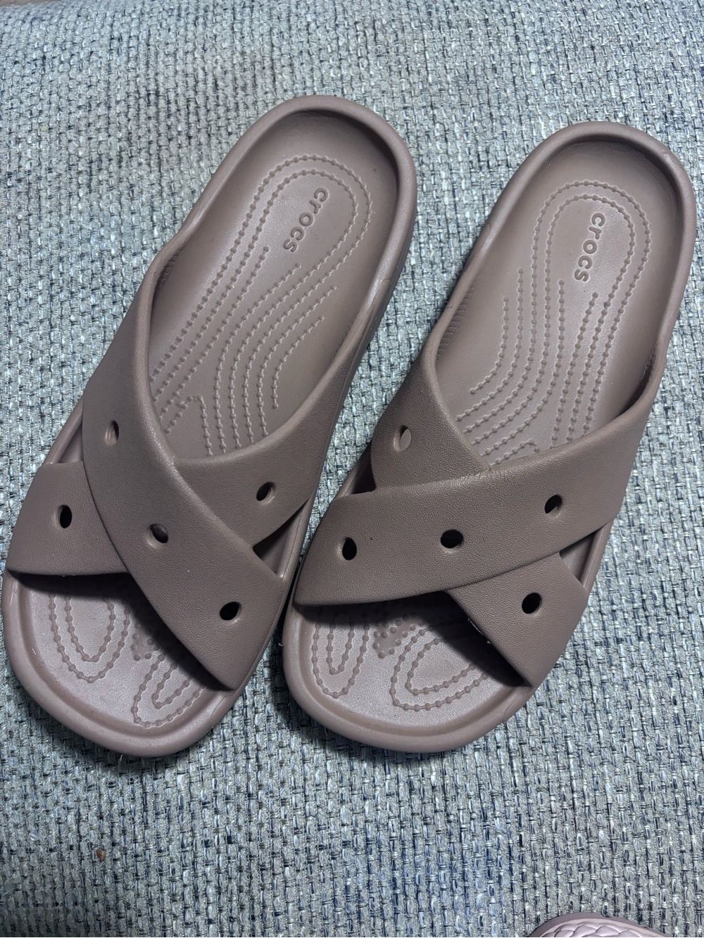 CROCS Women's Cross-Strap Slide Sandals in Taupe